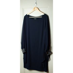 Xscape Navy Blue Gown with Sleeve Embellishments